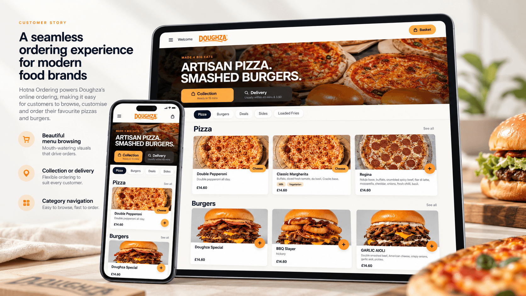 Bright Doughza customer ordering showcase, featuring desktop and mobile restaurant menu views