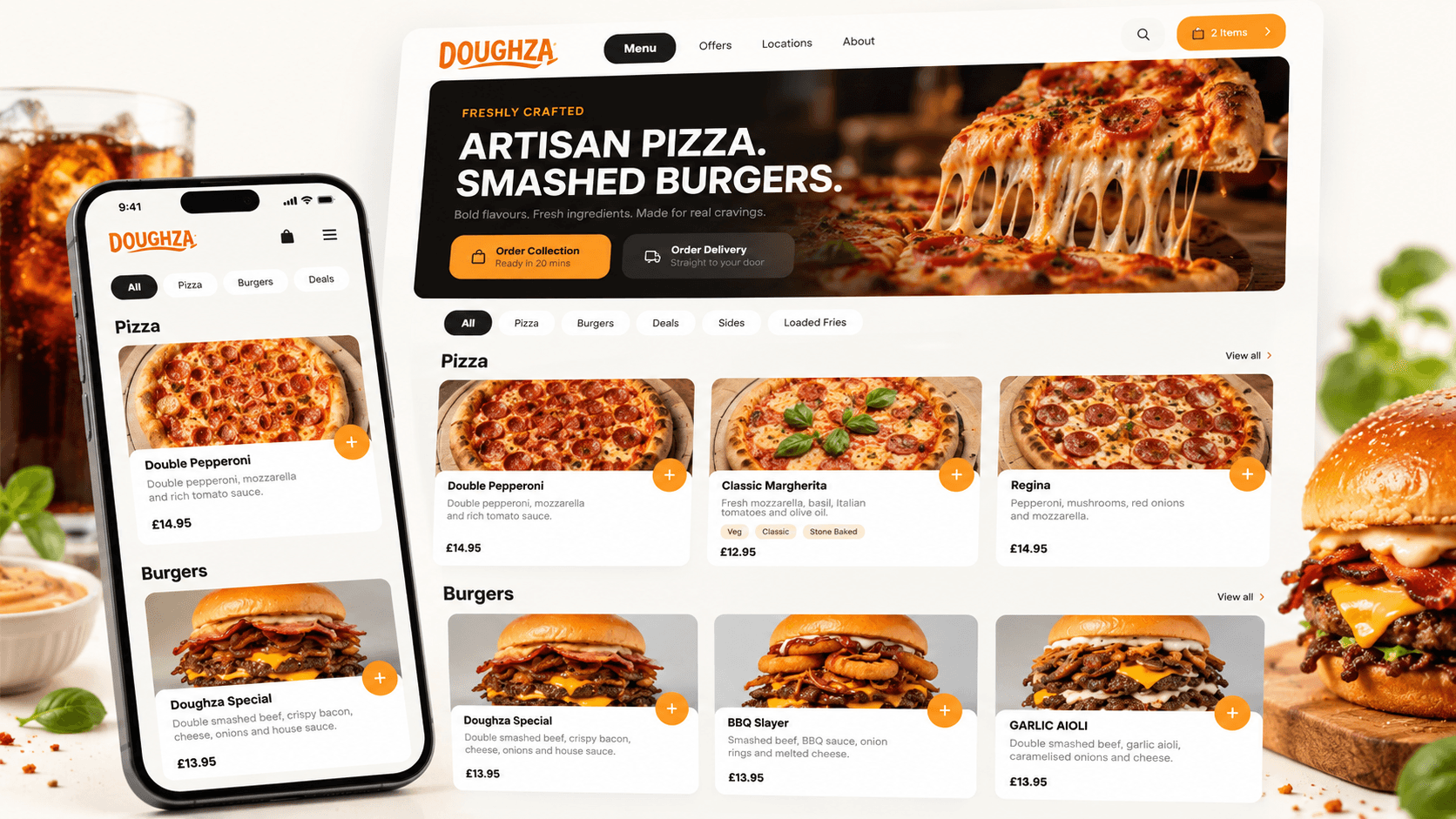 Illustrative Doughza restaurant online ordering screen shown on mobile and desktop